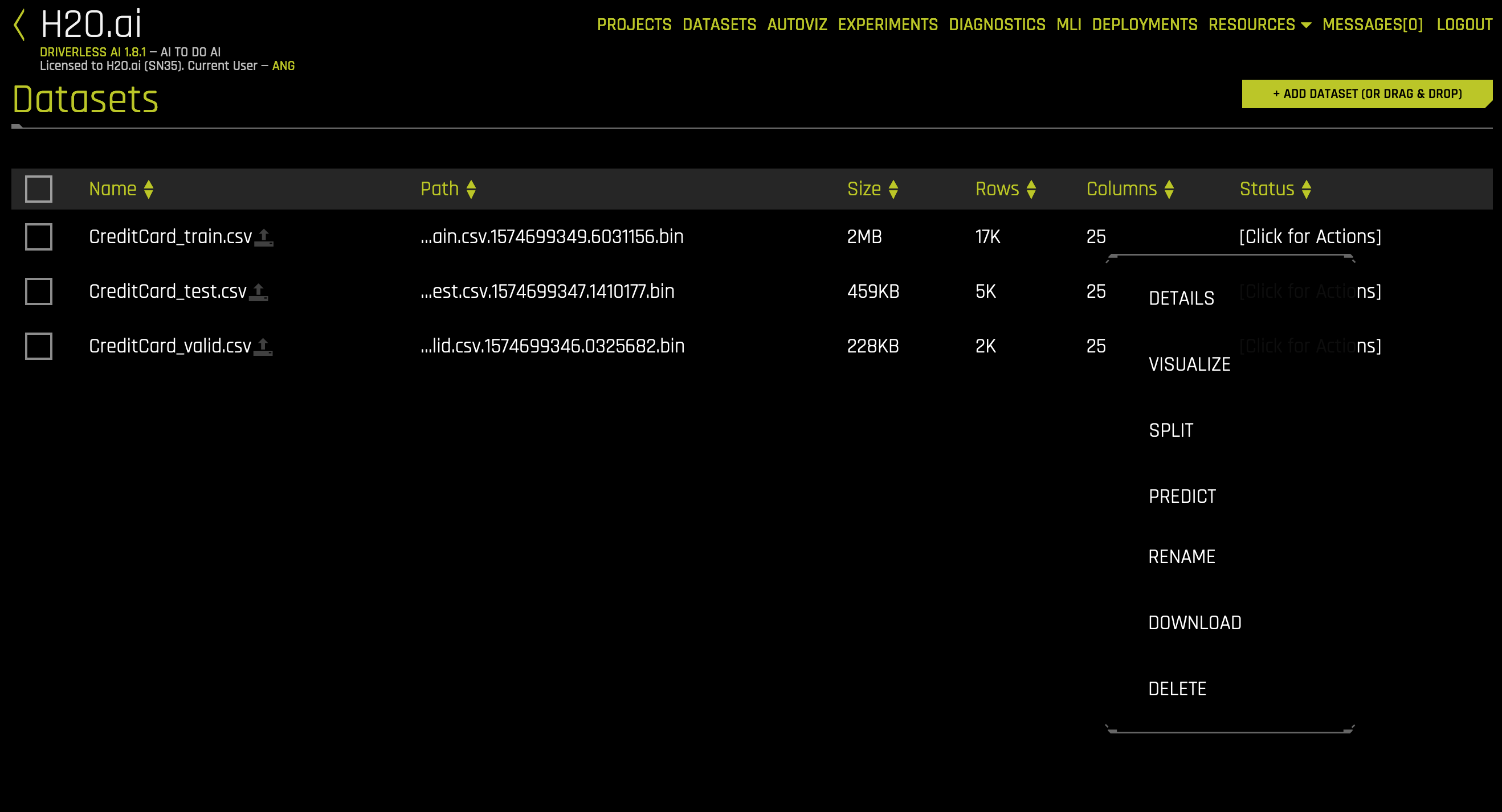 Datasets page