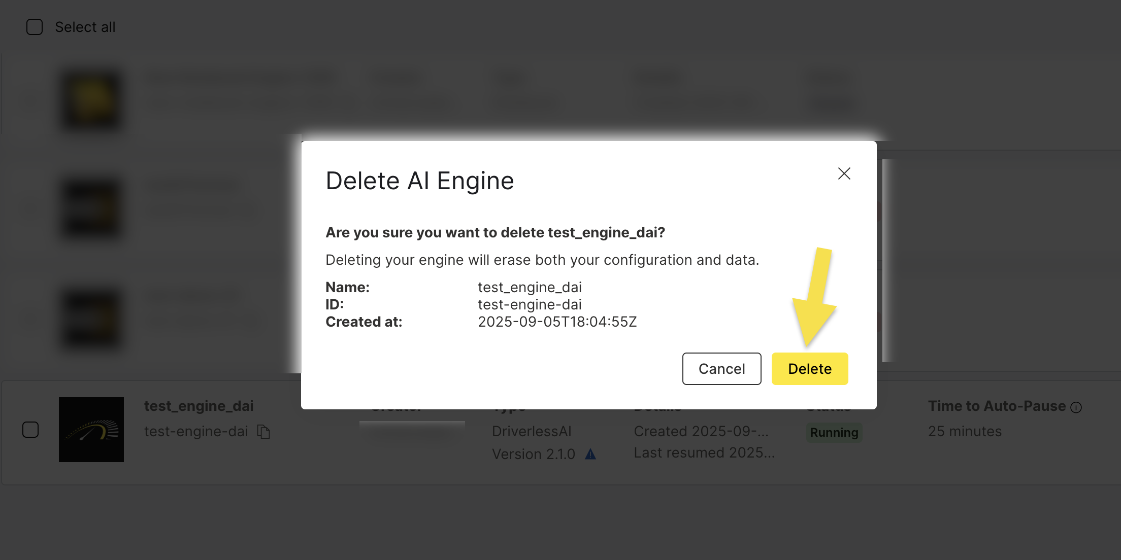Confirm DAI Engine Deletion