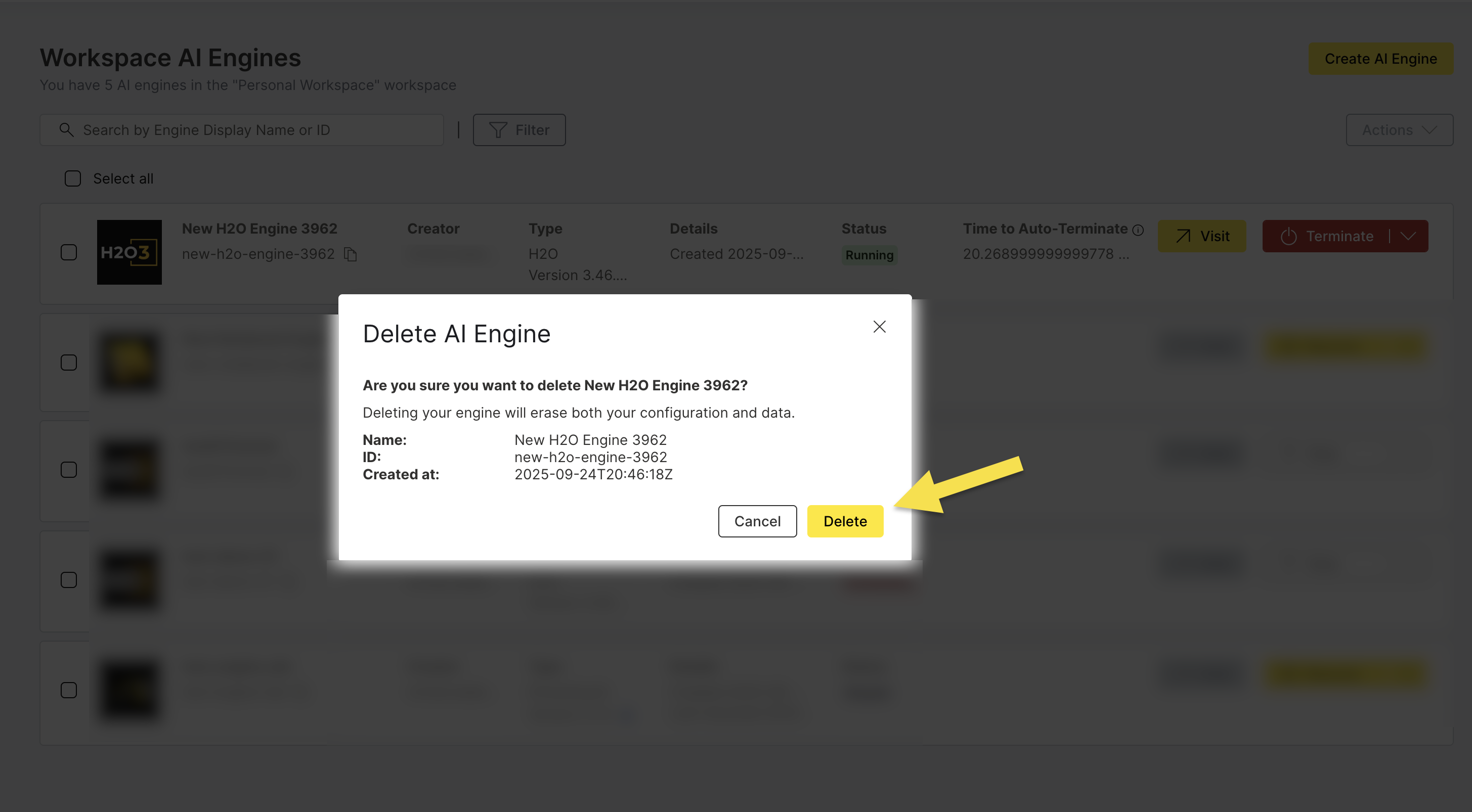 Confirm H2O Engine Deletion