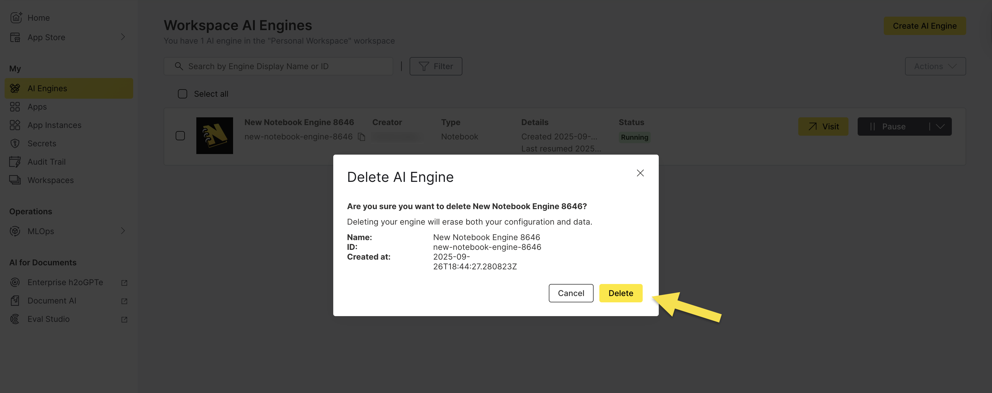 Confirm Notebook Engine Deletion