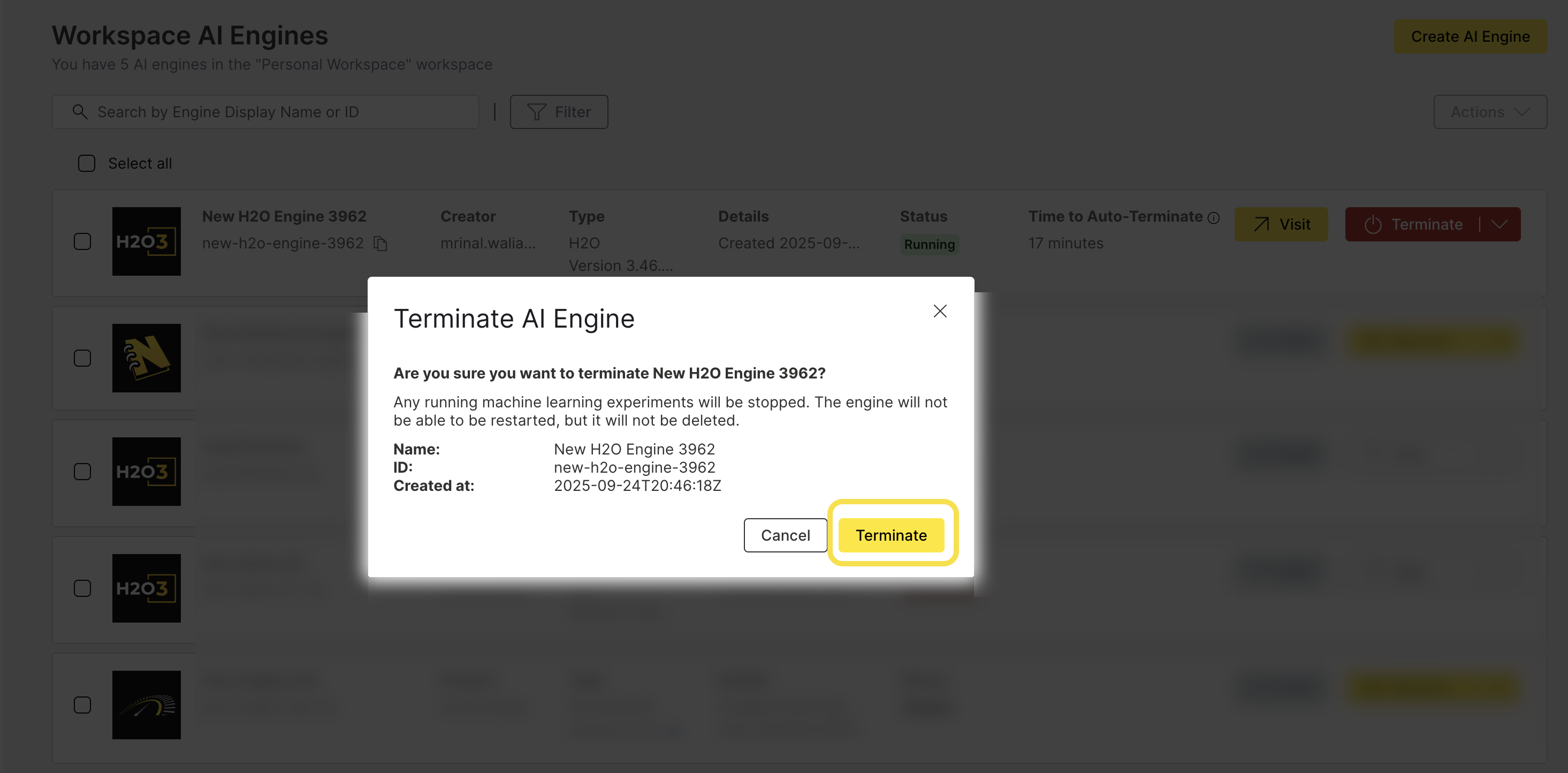 Confirm H2O Engine Termination