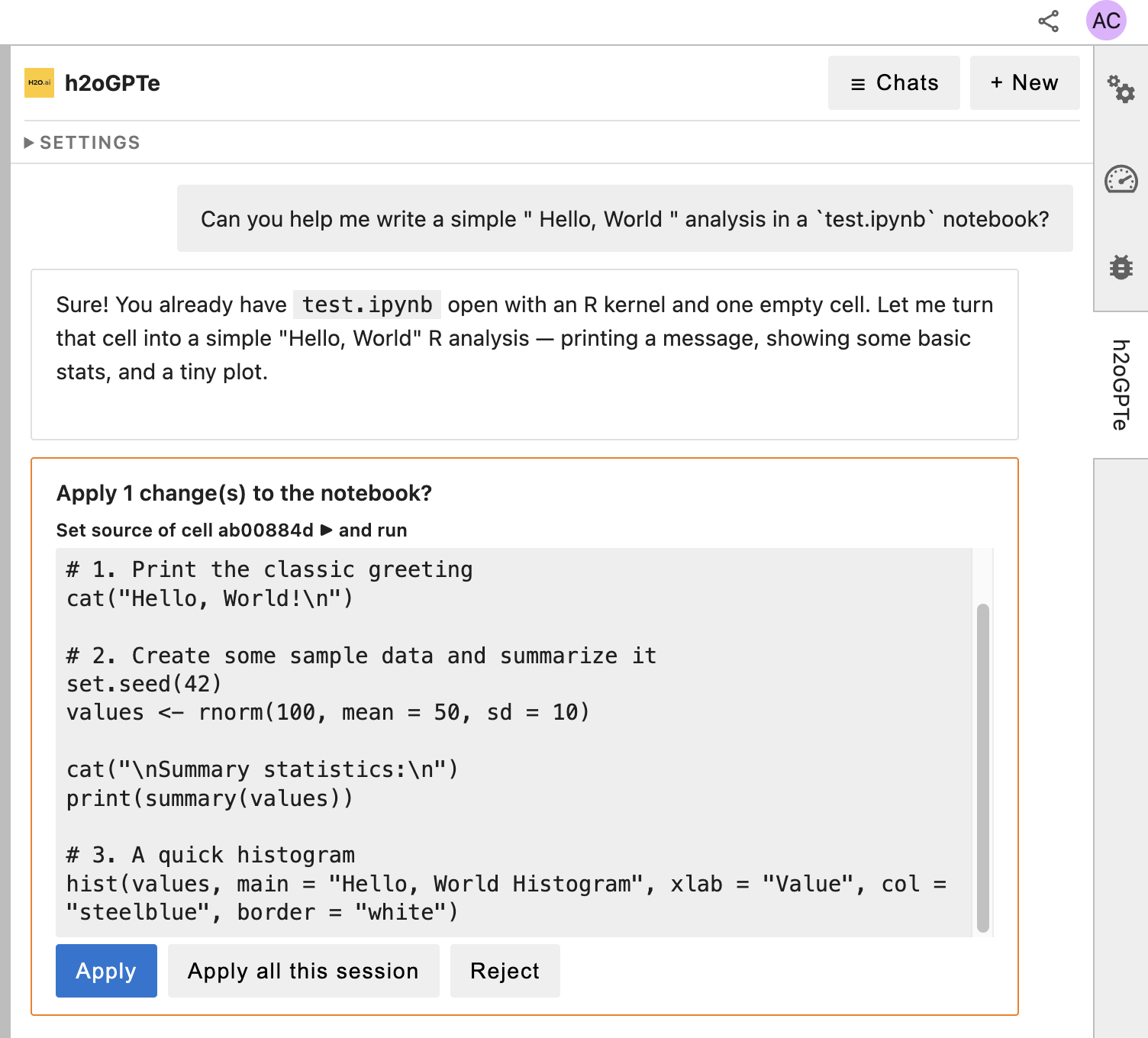 A confirmation card in the h2oGPTe panel reading "Apply 1 change(s) to the notebook?", with one labeled operation, the code it writes, and the Apply, Apply all this session, and Reject buttons