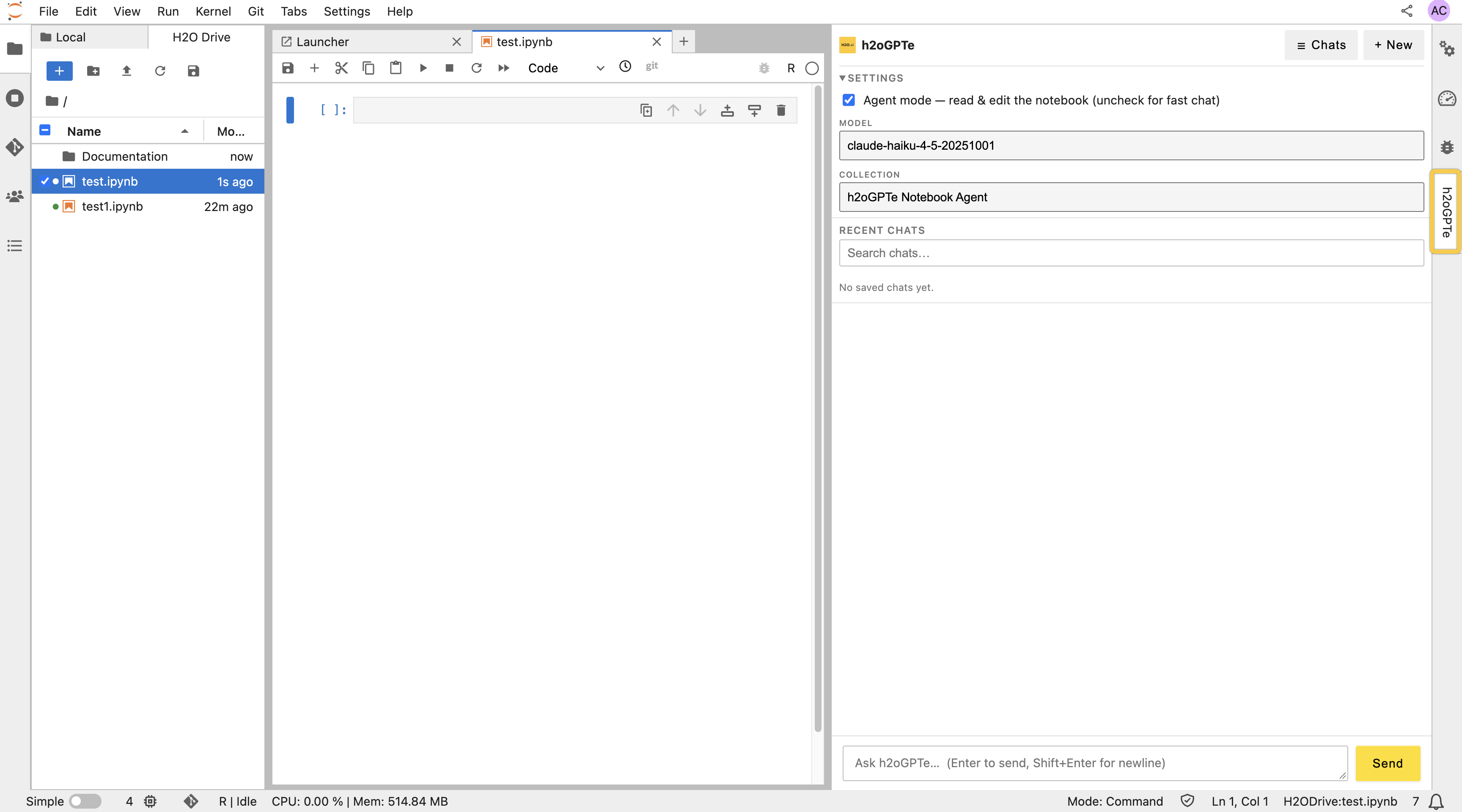 The h2oGPTe panel open next to a notebook, with the Settings section expanded to show the Agent mode checkbox, the Model list, the Collection list, and the Recent chats search box