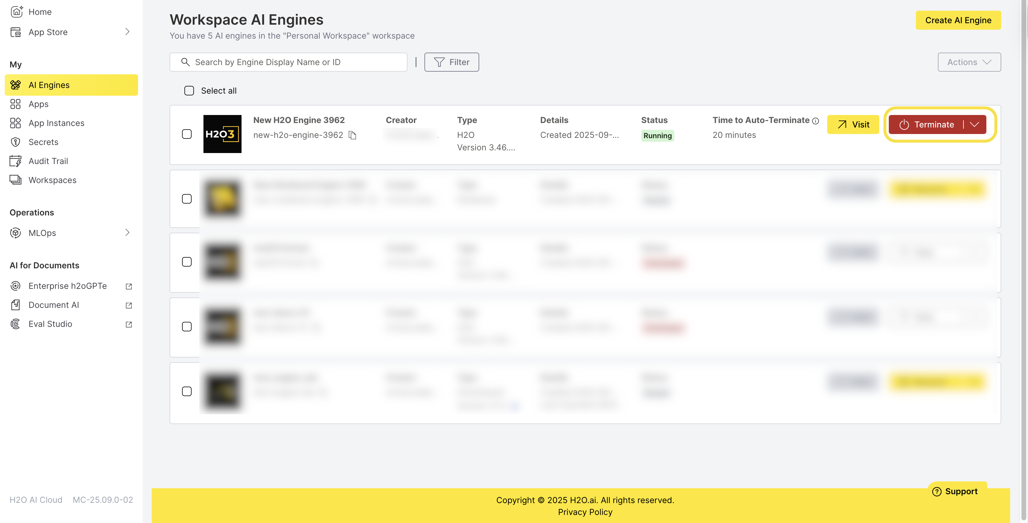 Terminate H2O Engine