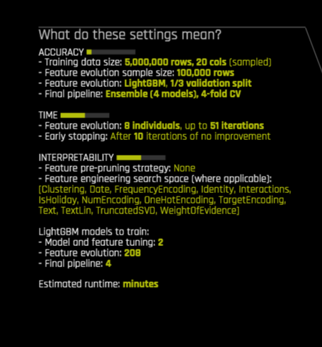 Experiment settings summary