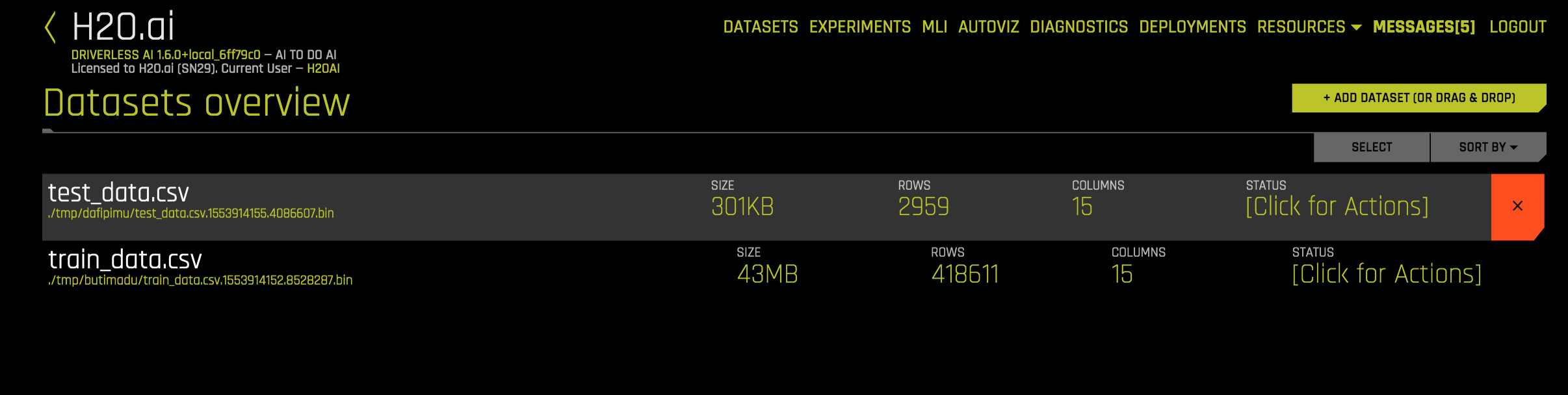 Equivalent Steps in Driverless: Upload Train & Test CSV Files