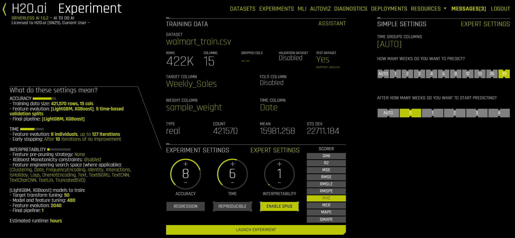 Time series experiment settings