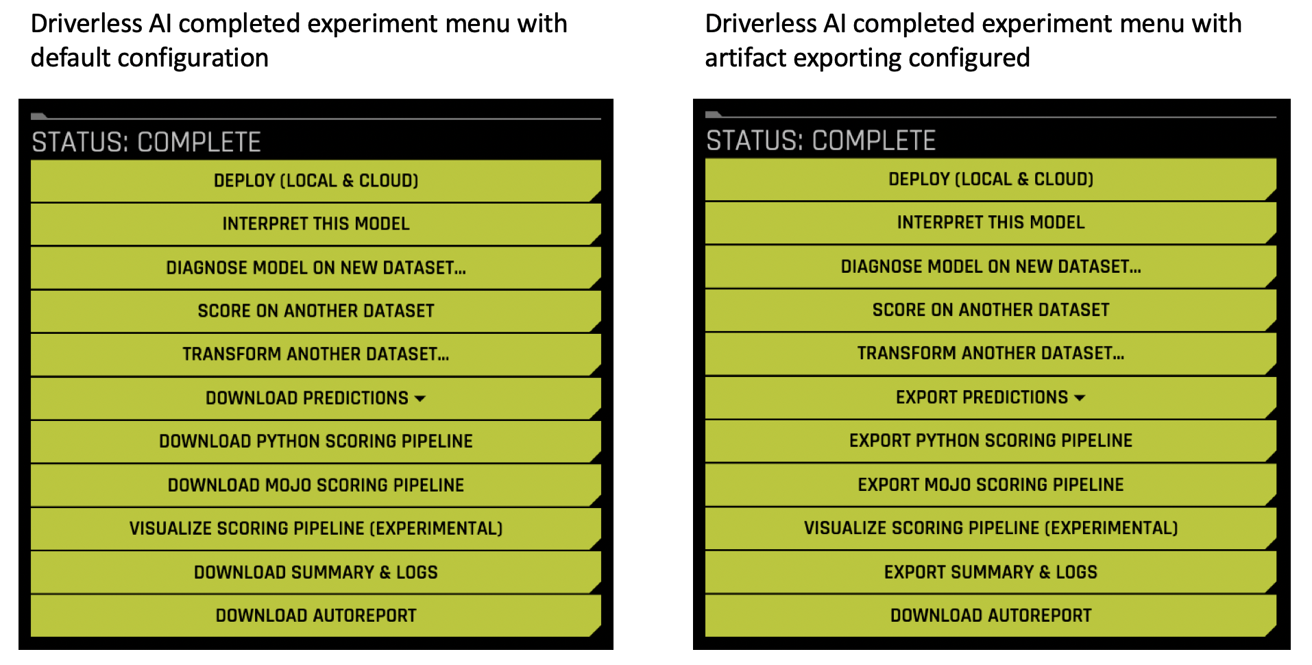 Completed experiments menus