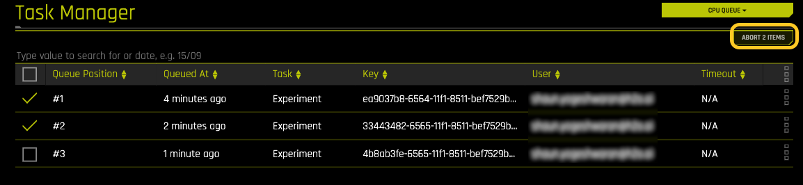 Task list with two tasks selected and the ABORT 2 ITEMS button
