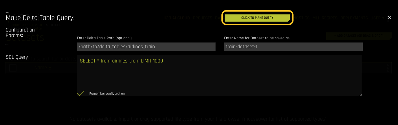 Delta Table query configuration dialog with fields for entering the Delta Table path and SQL query statement