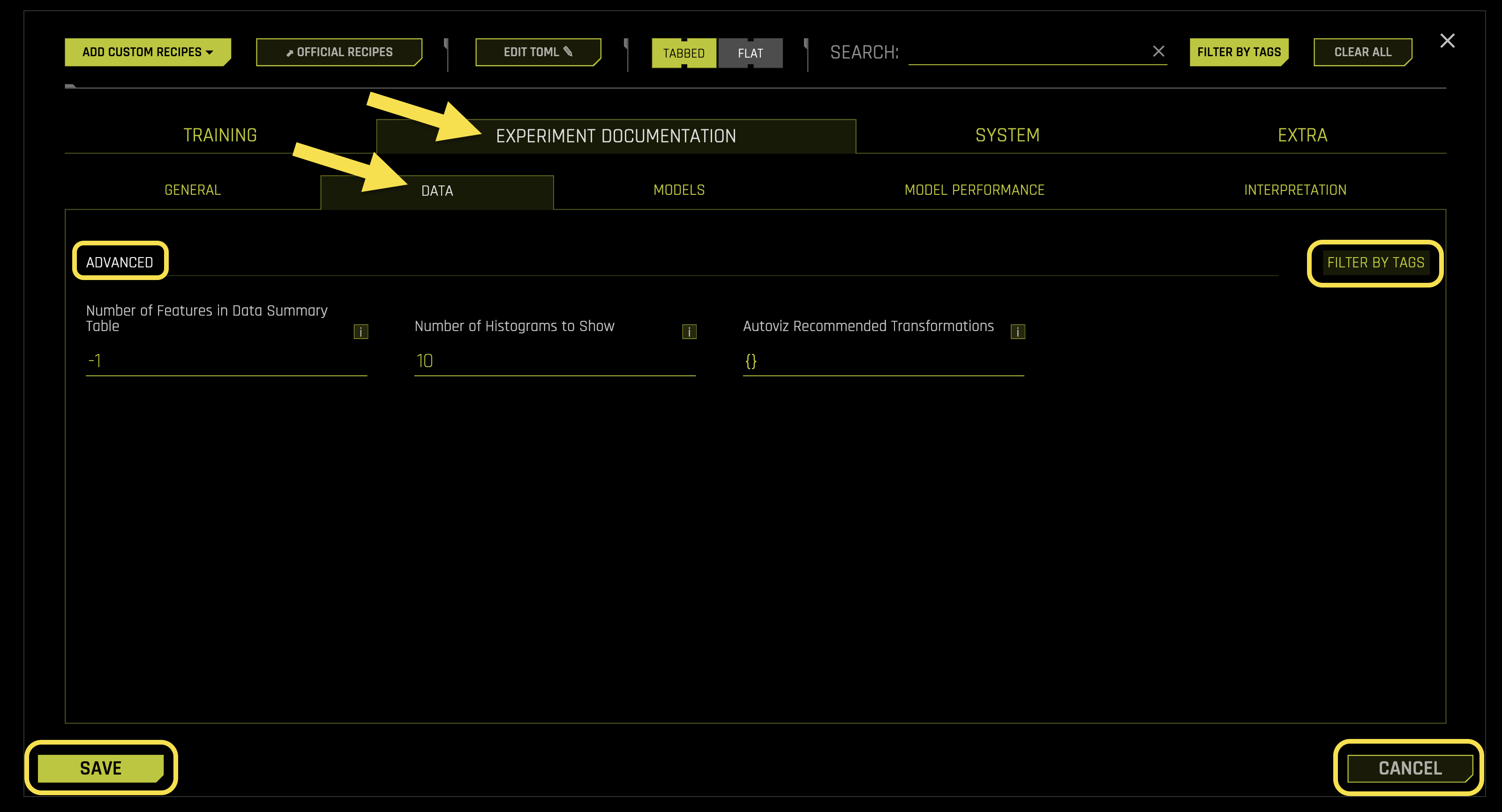 Data Experiment Documentation Settings