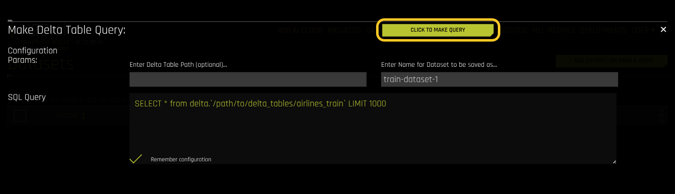 SQL query editor showing an example query with the Delta Table path specified directly in the SQL statement