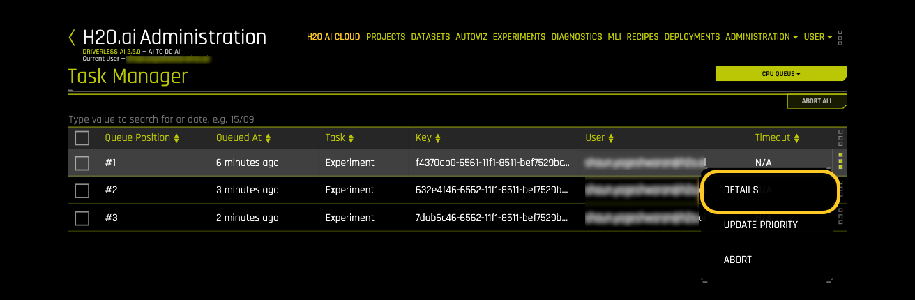 Task actions menu