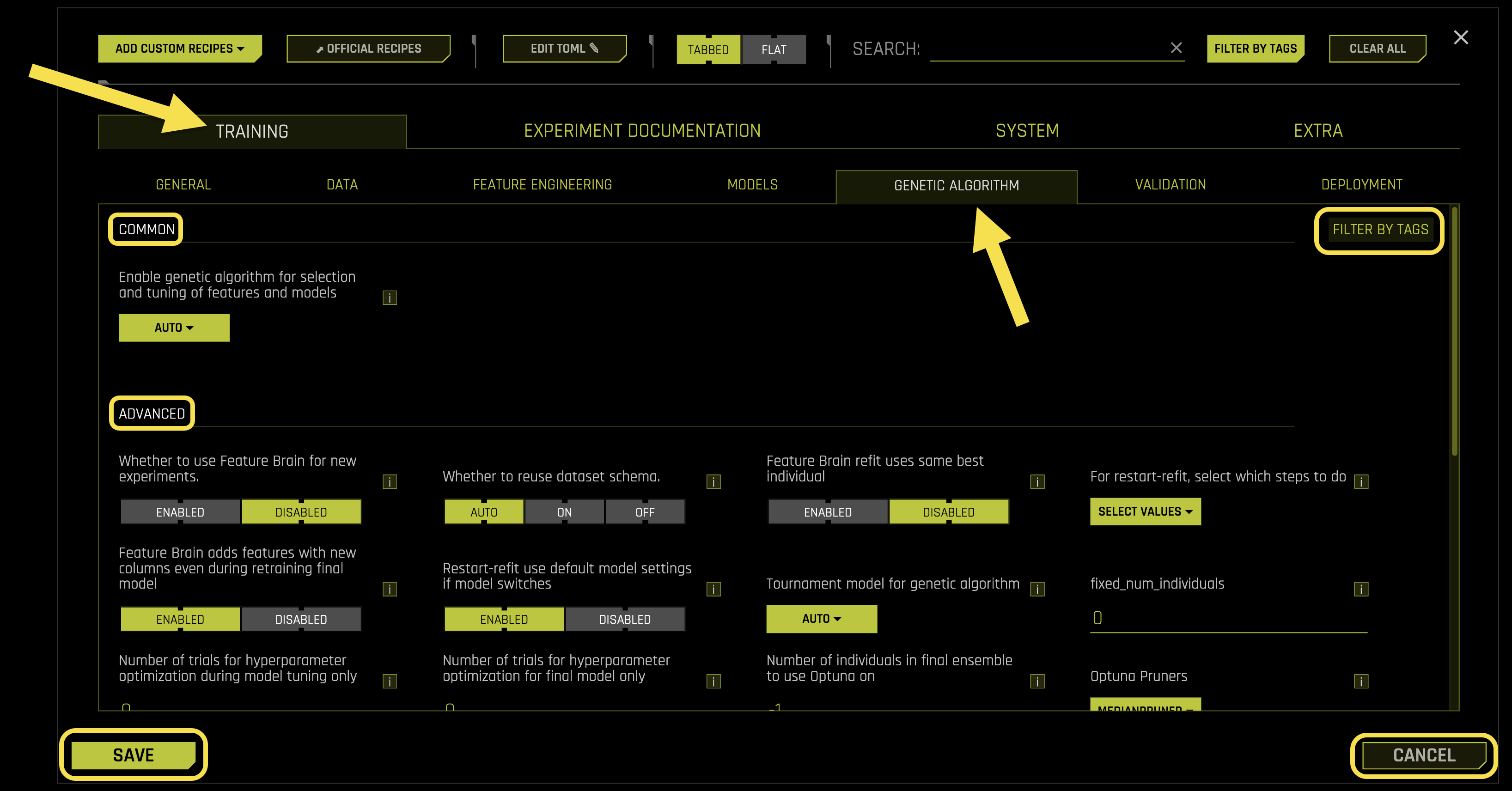 Genetic Algorithm Training Settings