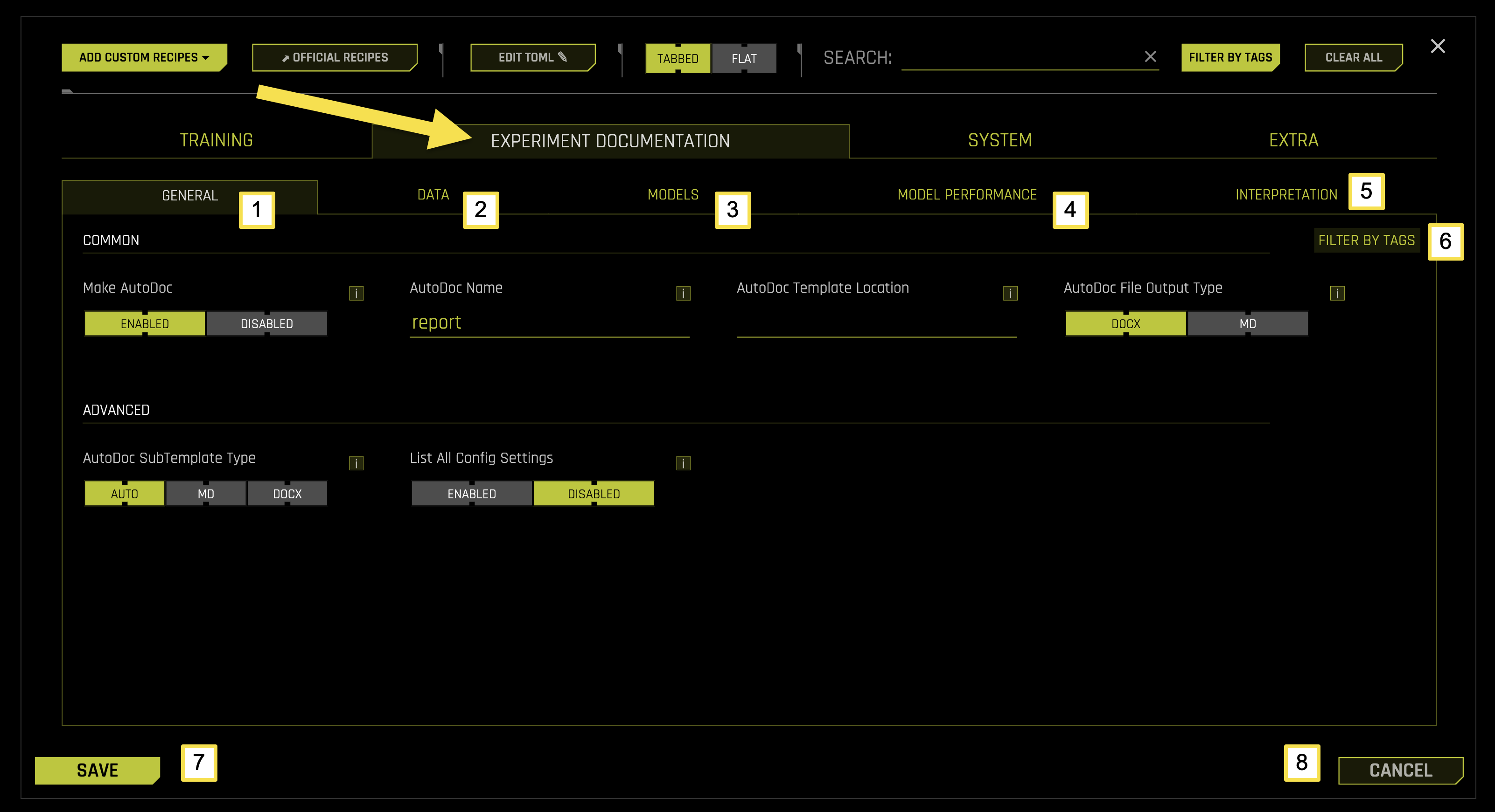 Experiment Documentation Settings UI