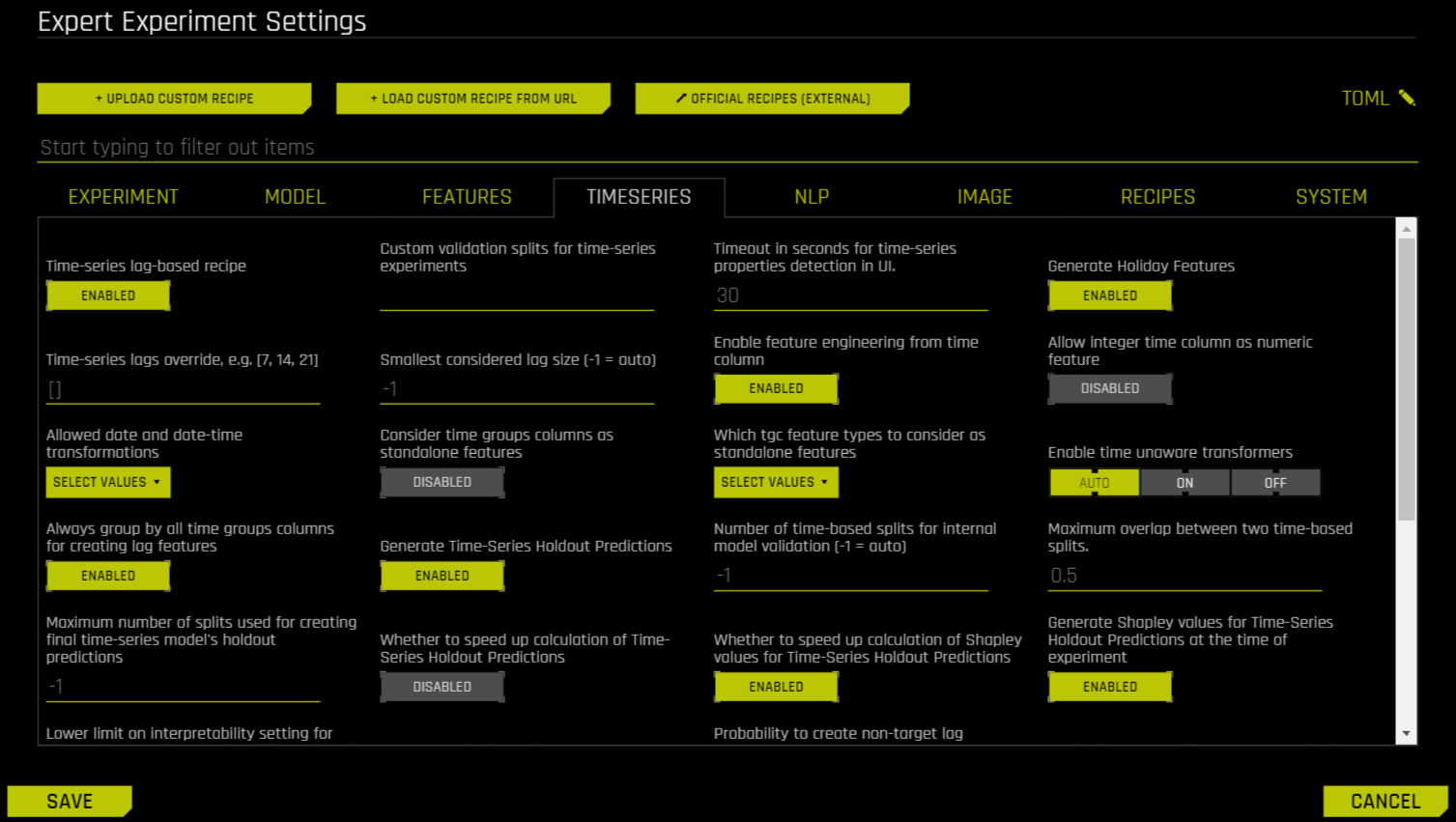 Time series option from within Expert Settings