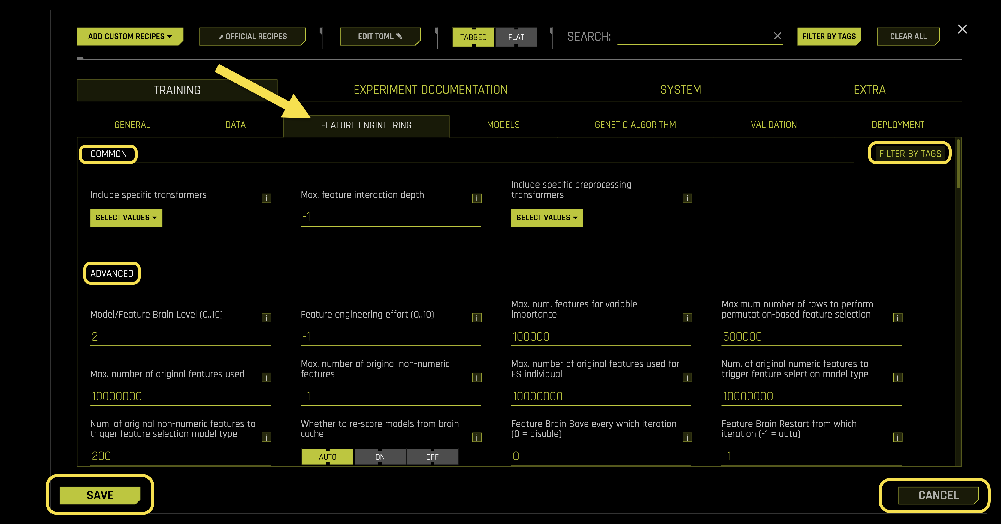 Feature Engineering Training Settings