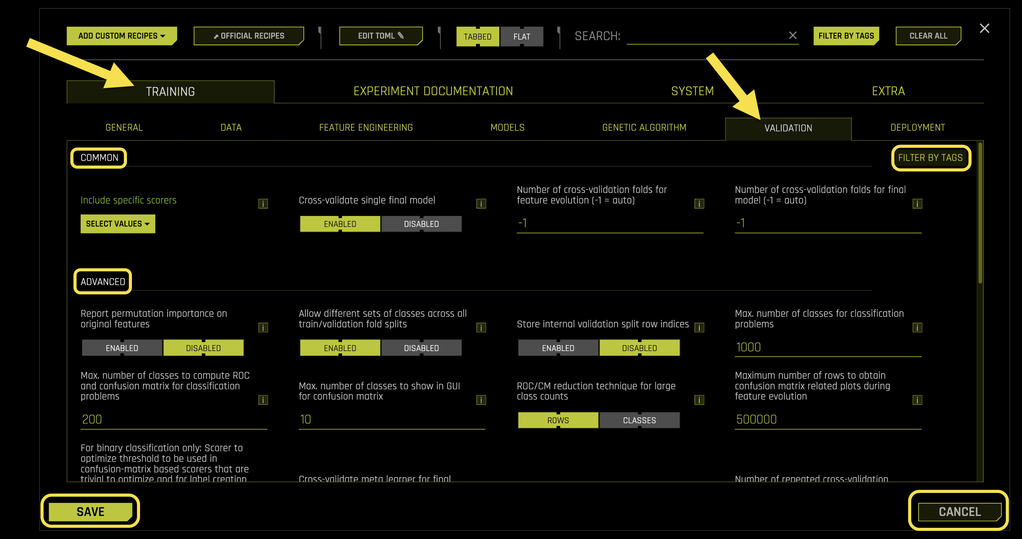 Validation Training Settings