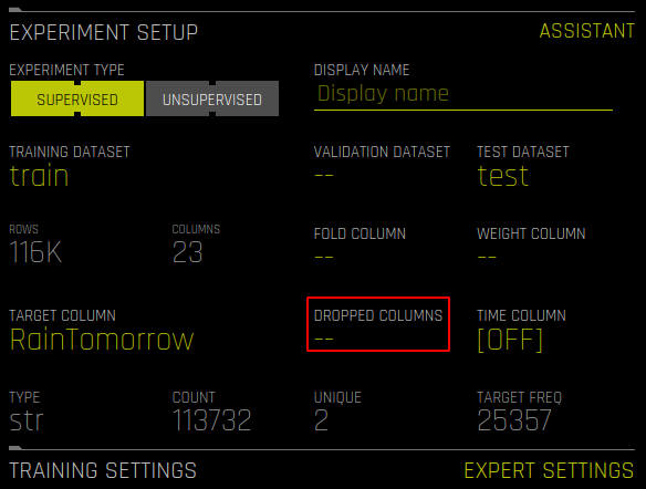 Experiment setup - dropped columns option