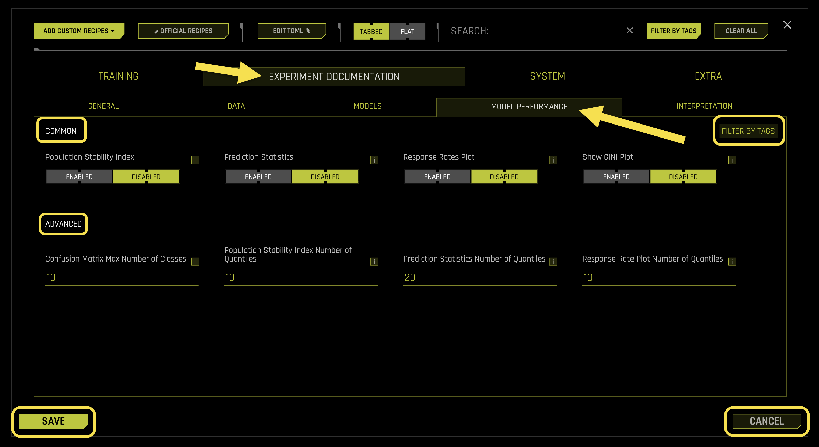 Model Performance Experiment Documentation Settings