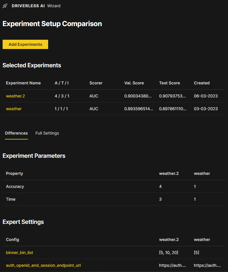The Experiment Setup Comparison page