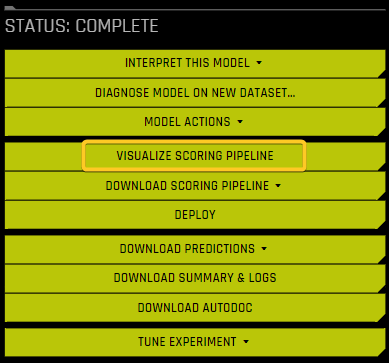 The completed experiment menu with the Visualize scoring pipeline option highlighted