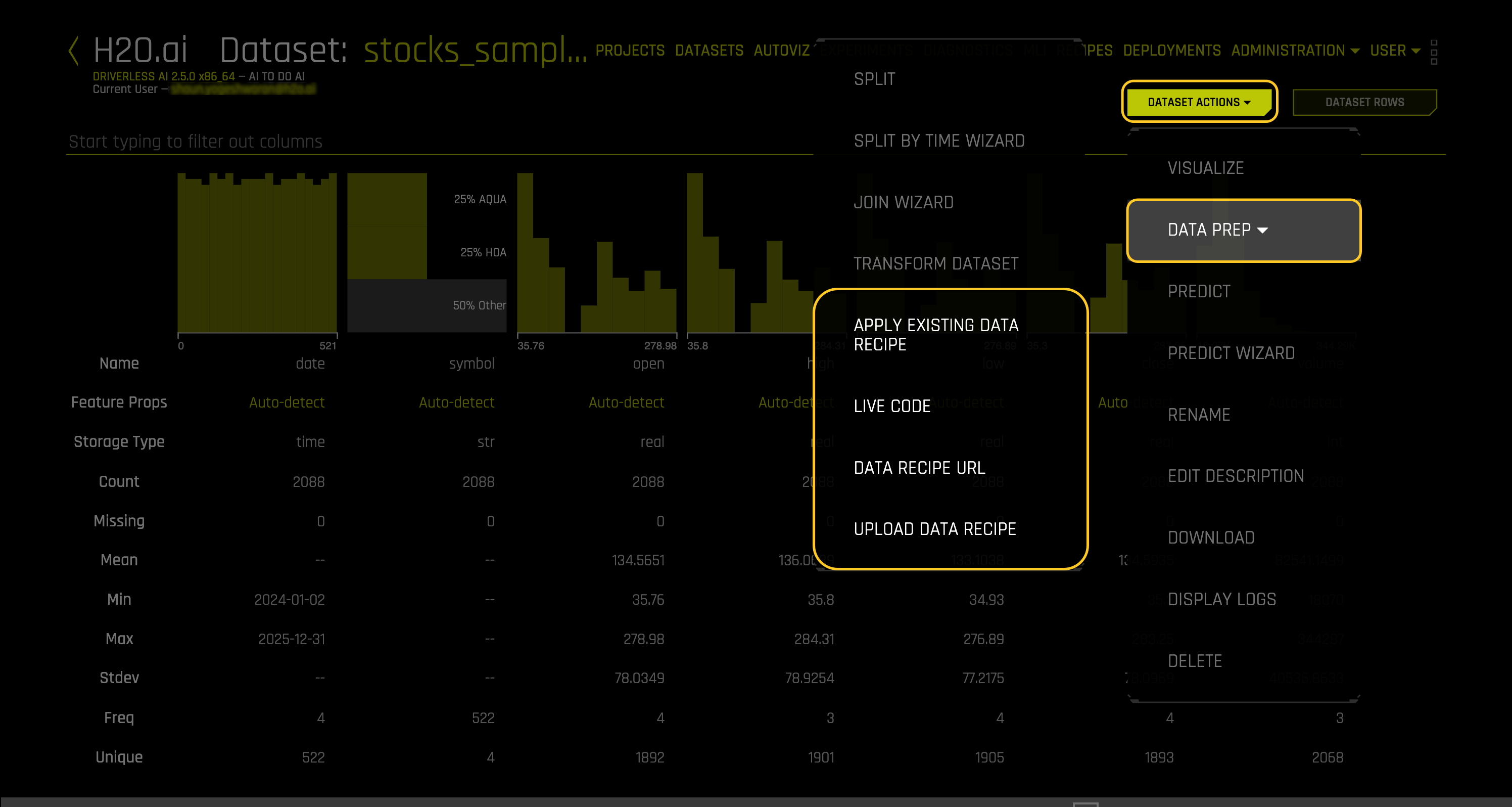 Dataset Actions menu with the Data Prep options