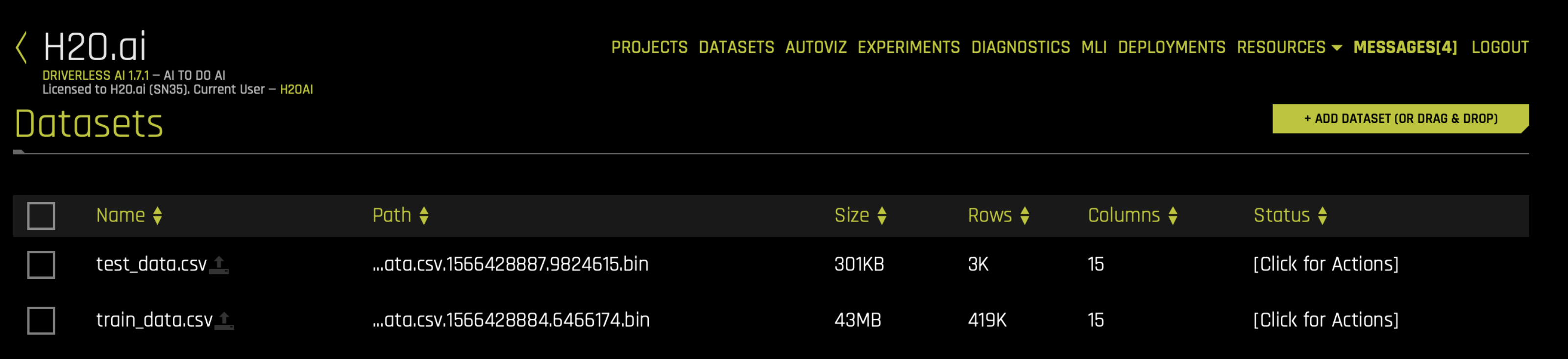 Equivalent Steps in Driverless: Upload Train & Test CSV Files