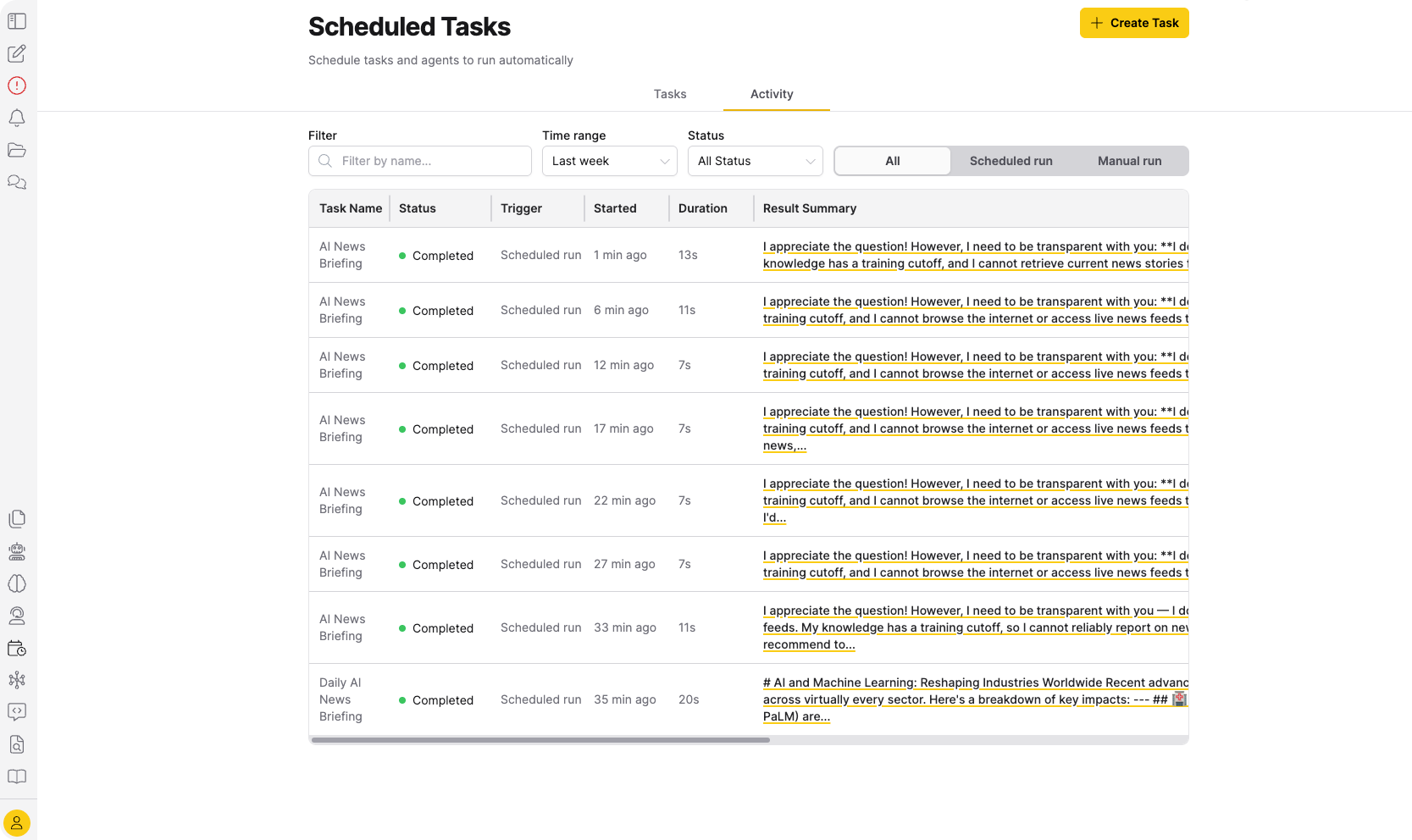 Activity tab showing the Status dropdown and the run history table