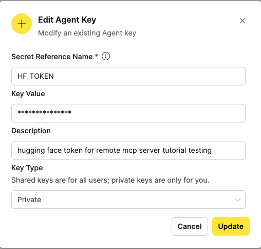 Add agent key dialog