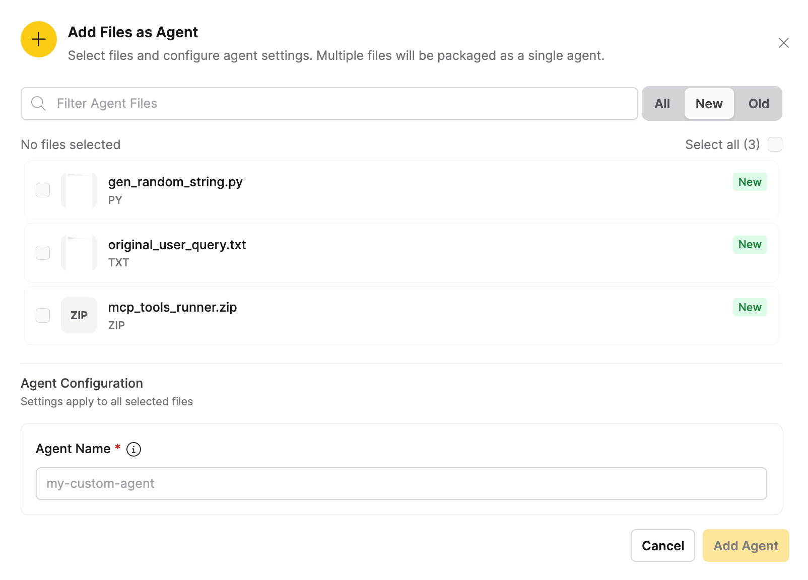 Add Files as Agent dialog box