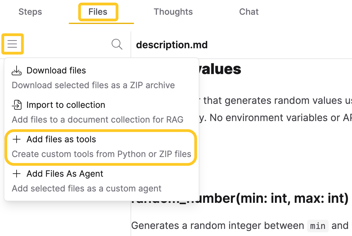 Add files as tools shortcut