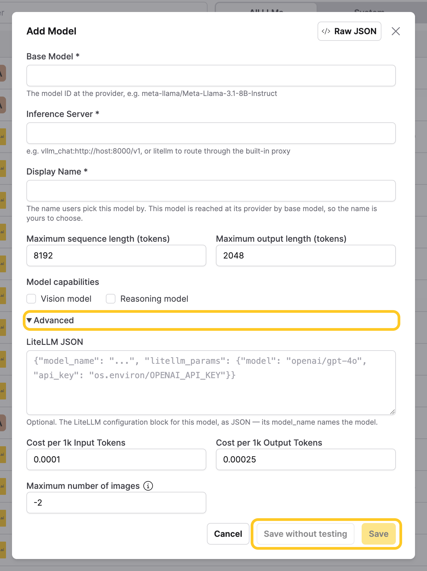 Add Model dialog with the Advanced section and the two save buttons highlighted