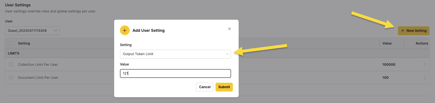 Add User Setting dialog