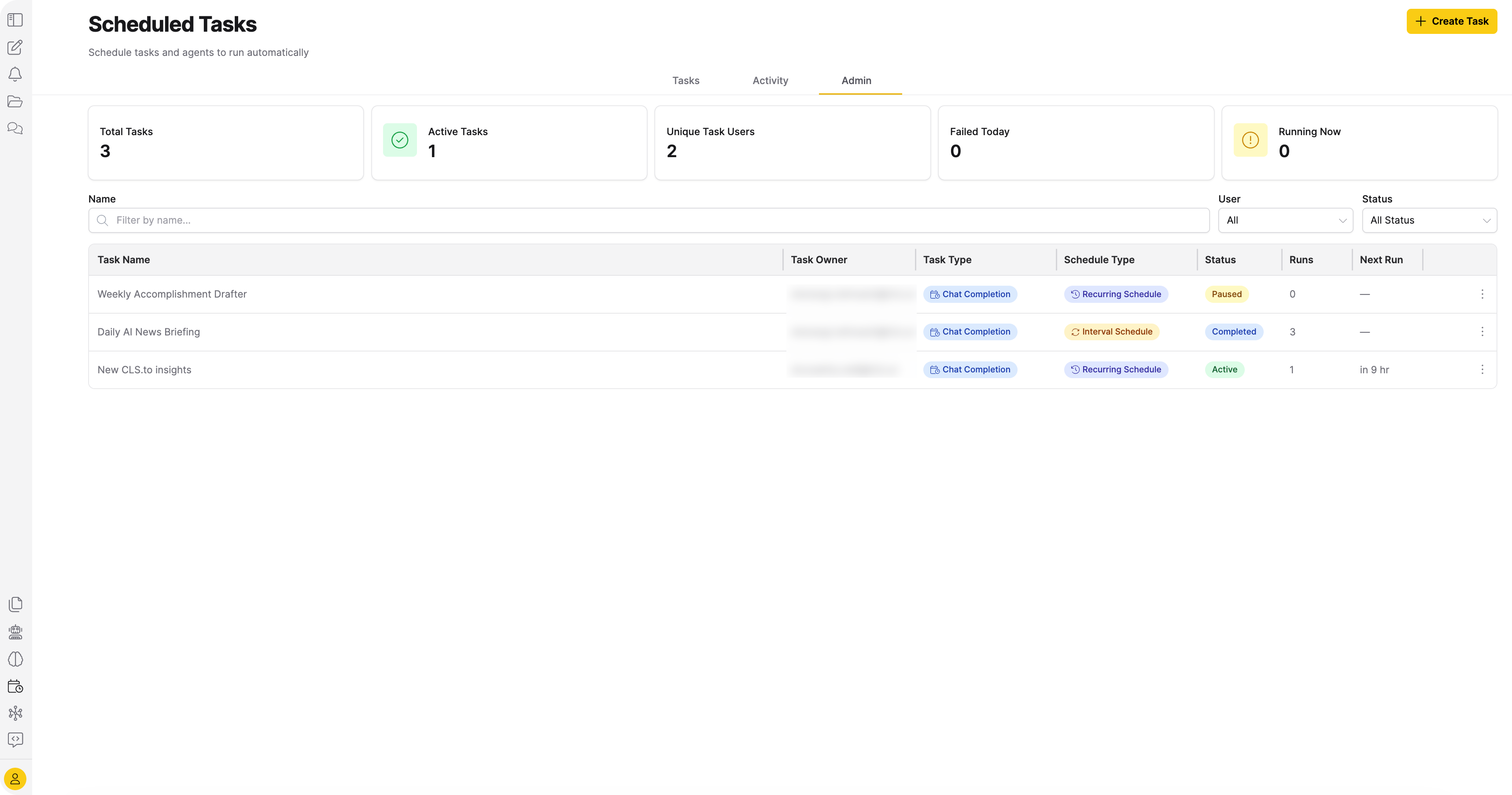 Admin tab showing summary cards, user filter, and task table with owner column