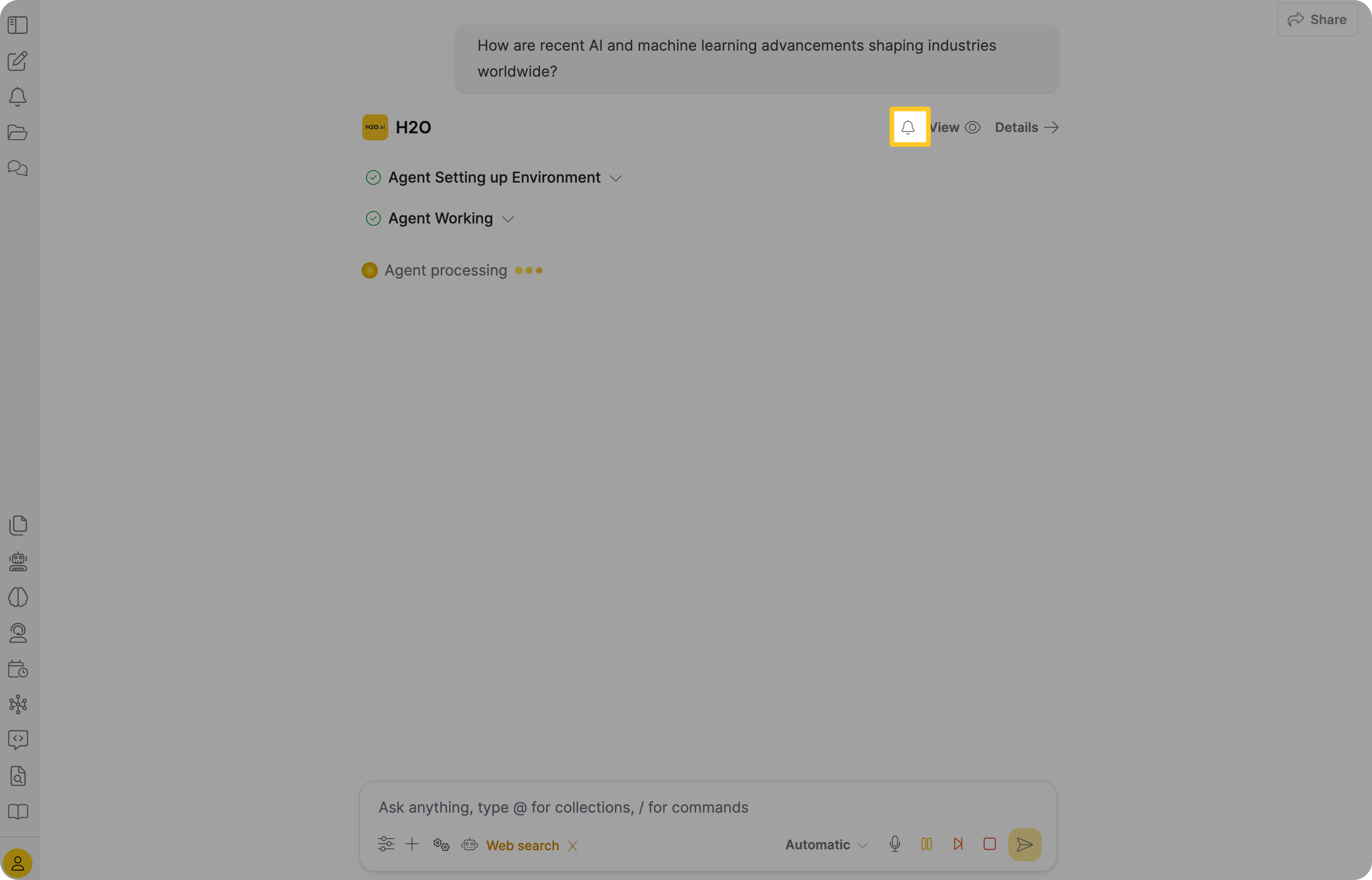 Agent response header with the notification bell icon highlighted, to the left of the View and Details controls
