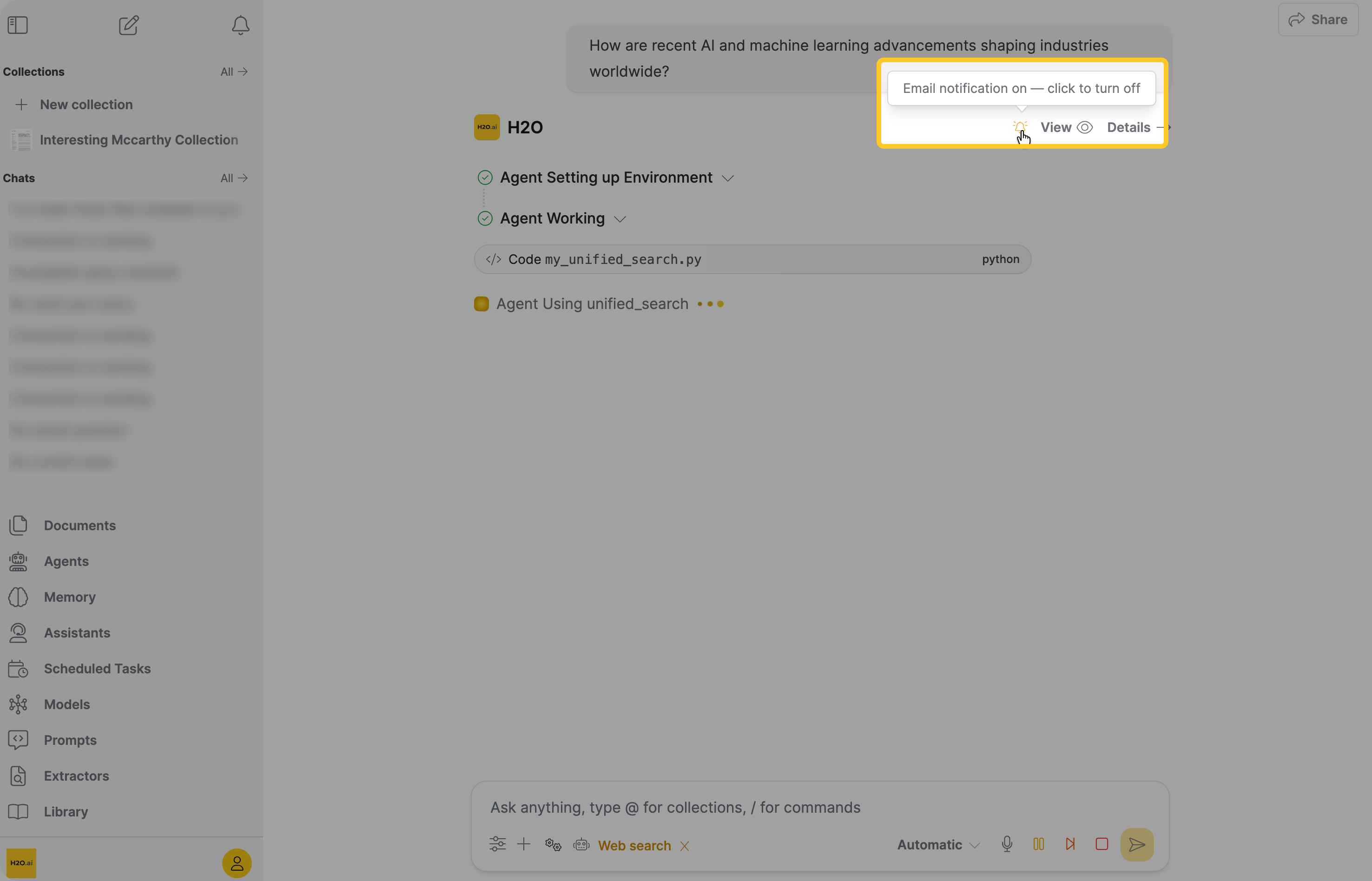 Agent response header showing the filled-in bell icon and its Email notification on tooltip