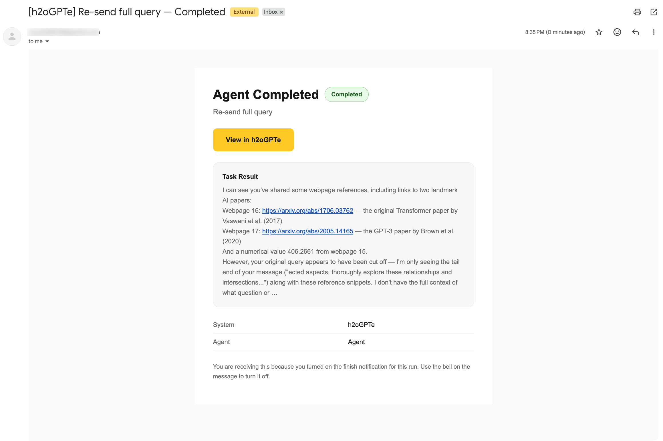 Sample "Email notification on" run-finished email, showing the subject, status, preview text, and View in h2oGPTe button