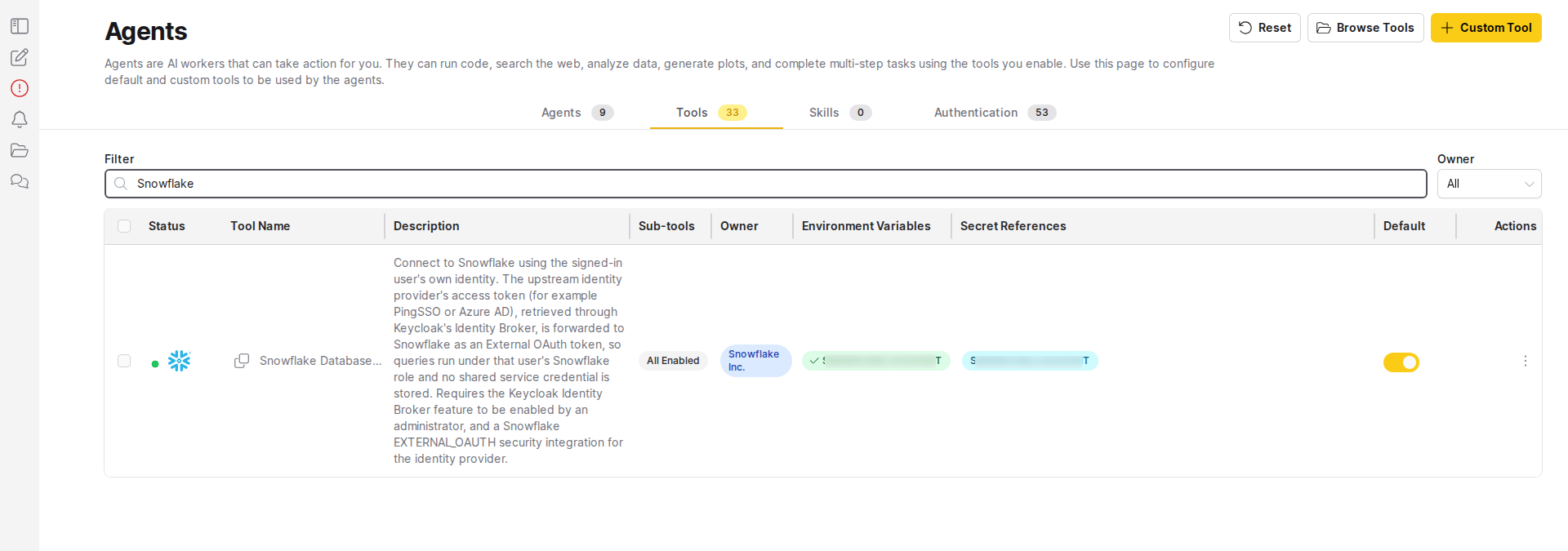 Agents Tools table row for a predefined tool, showing its description, environment variable, and Default toggle