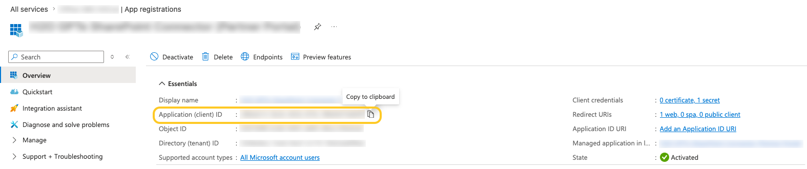 App Overview page in Microsoft Entra ID showing the Application (client) ID field
