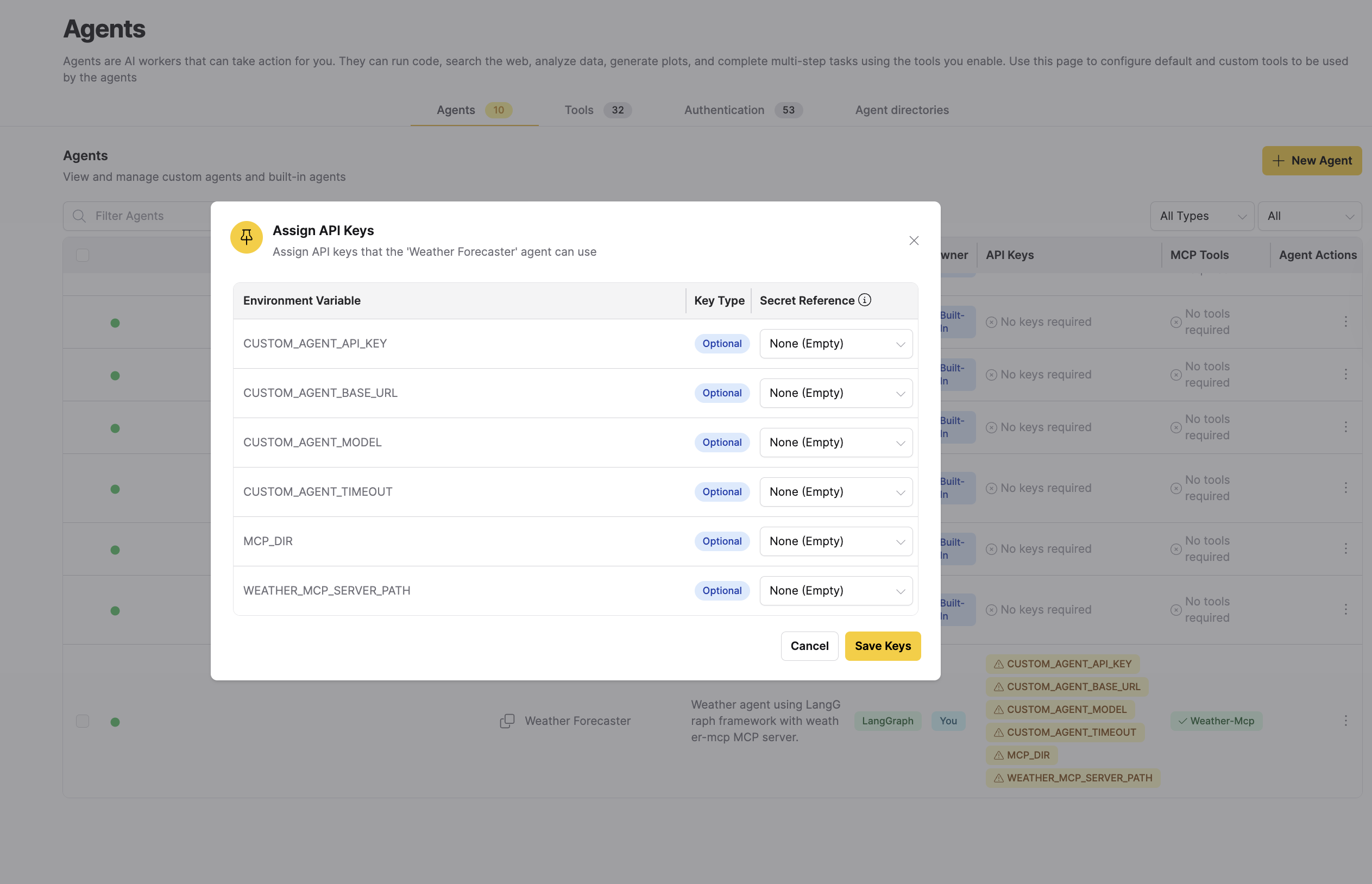 Assign keys dialog with mapped secrets