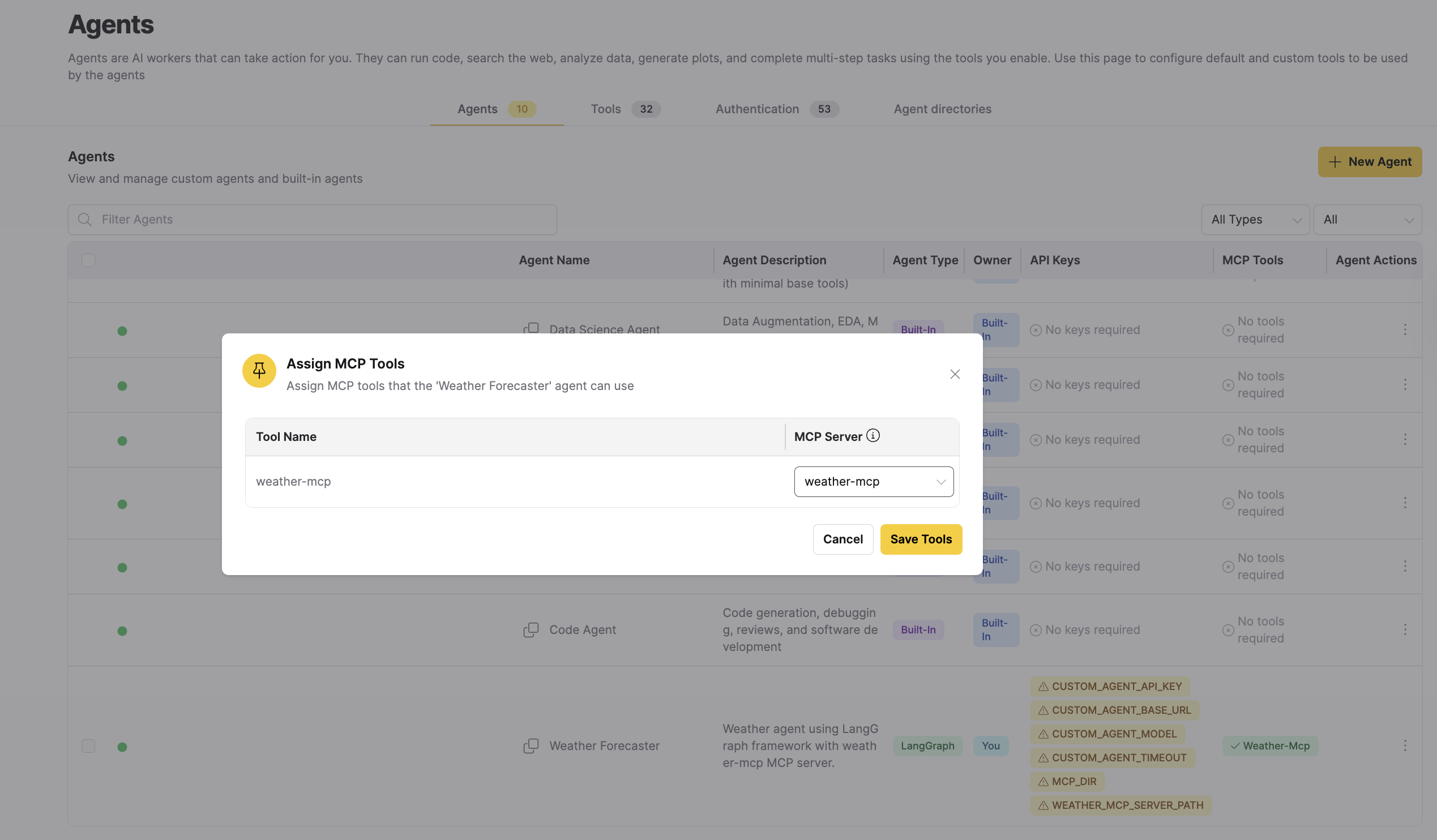 Assign tools dialog with local MCP mapping