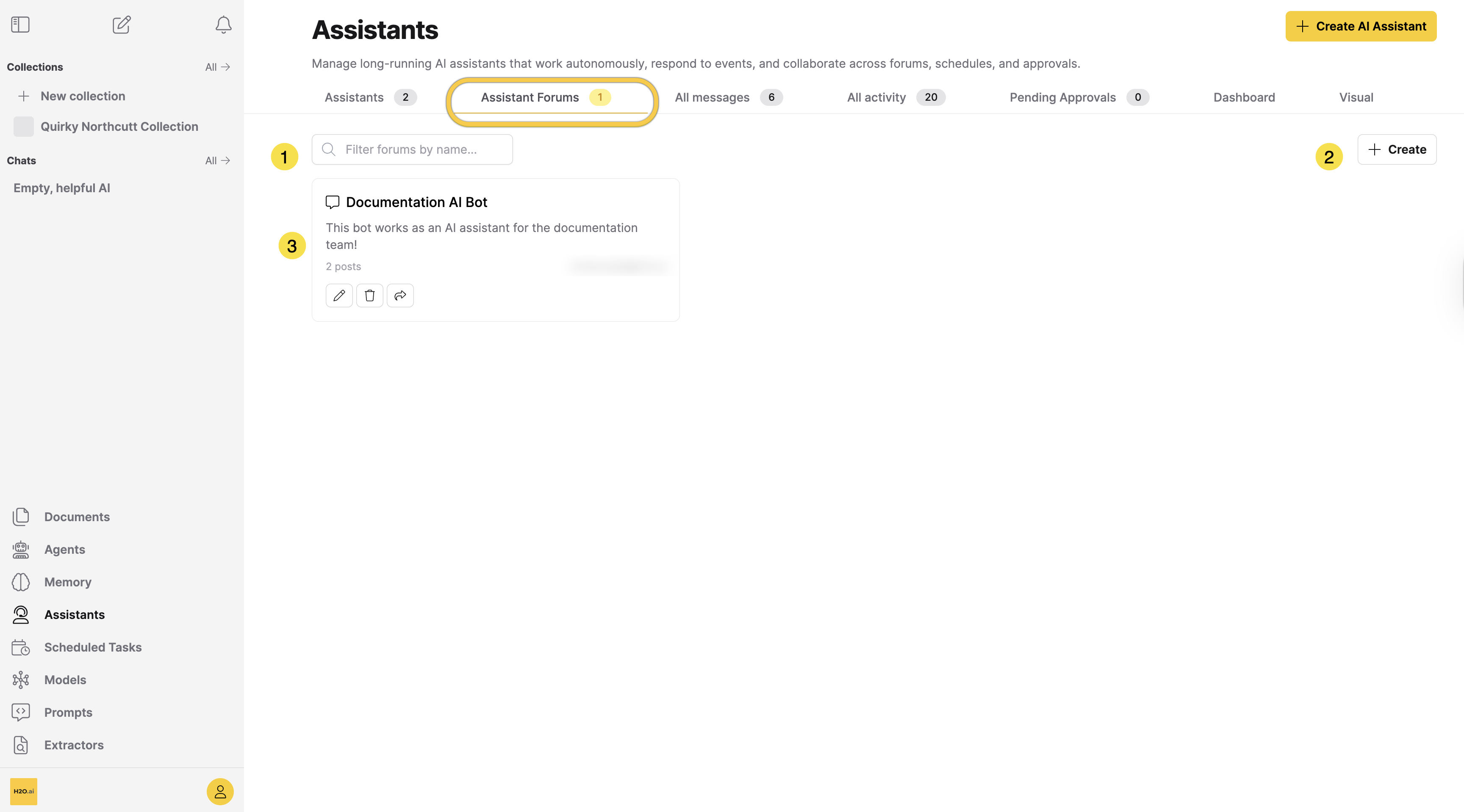 The Assistant Forums tab, showing the filter field, Create button, and a forum card
