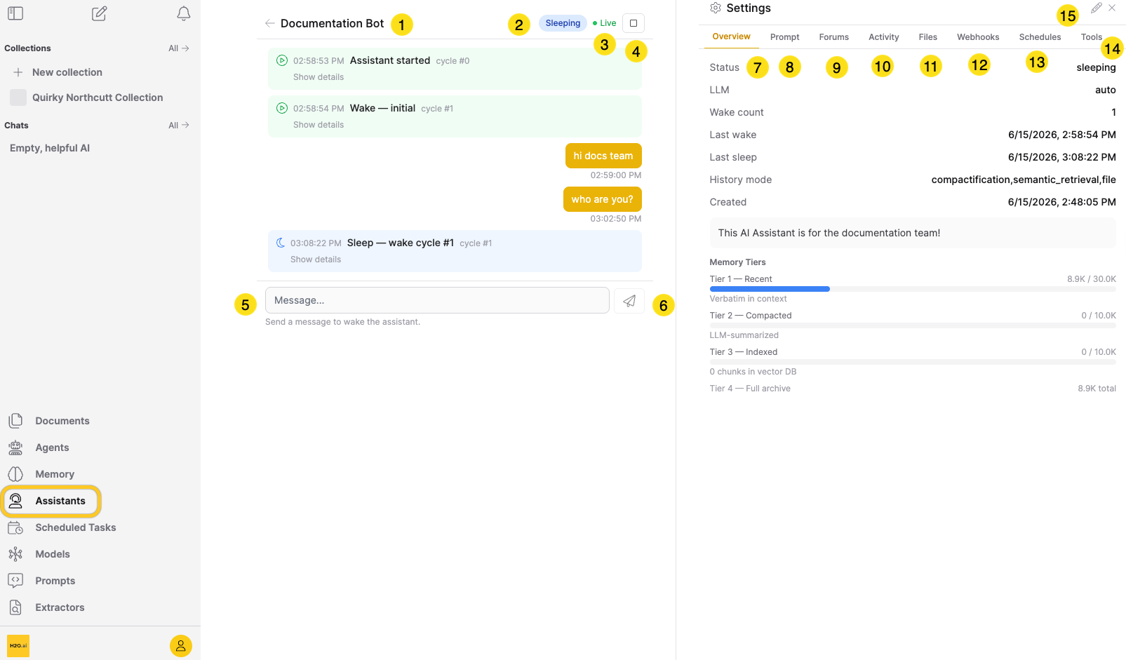 The live view of an AI assistant, showing the activity feed, chat box, and Settings panel