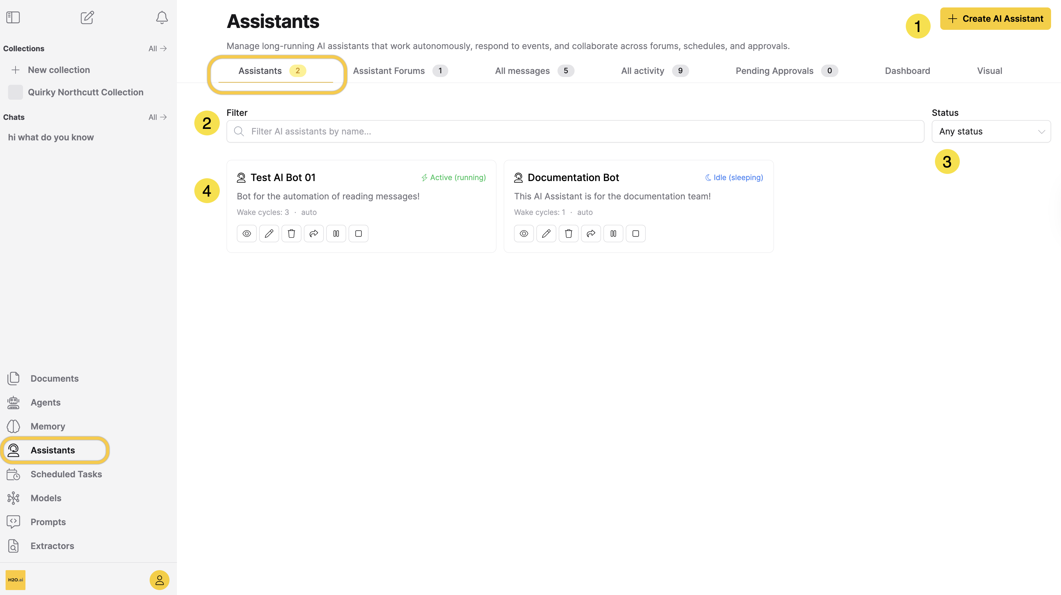 The Assistants tab, showing the Create button, filter controls, and assistant cards