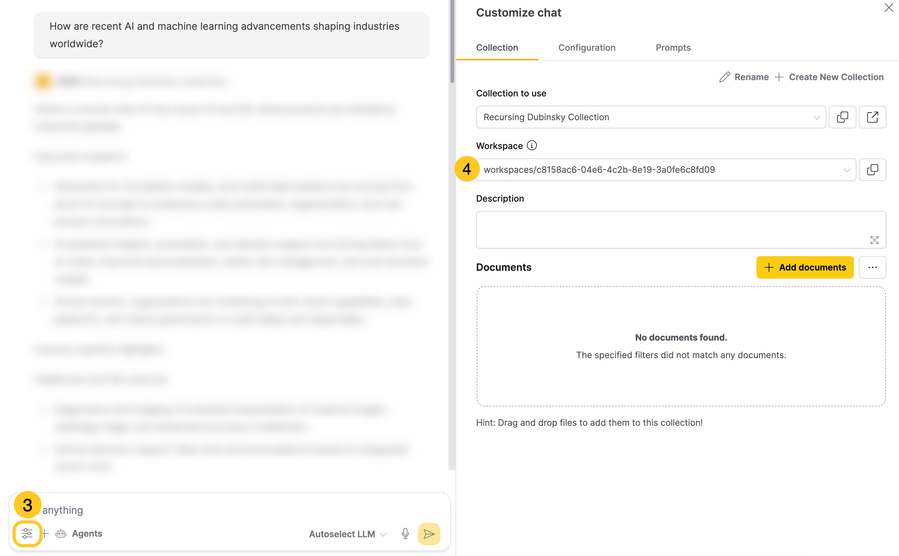 Customize chat panel with the Workspace dropdown highlighted