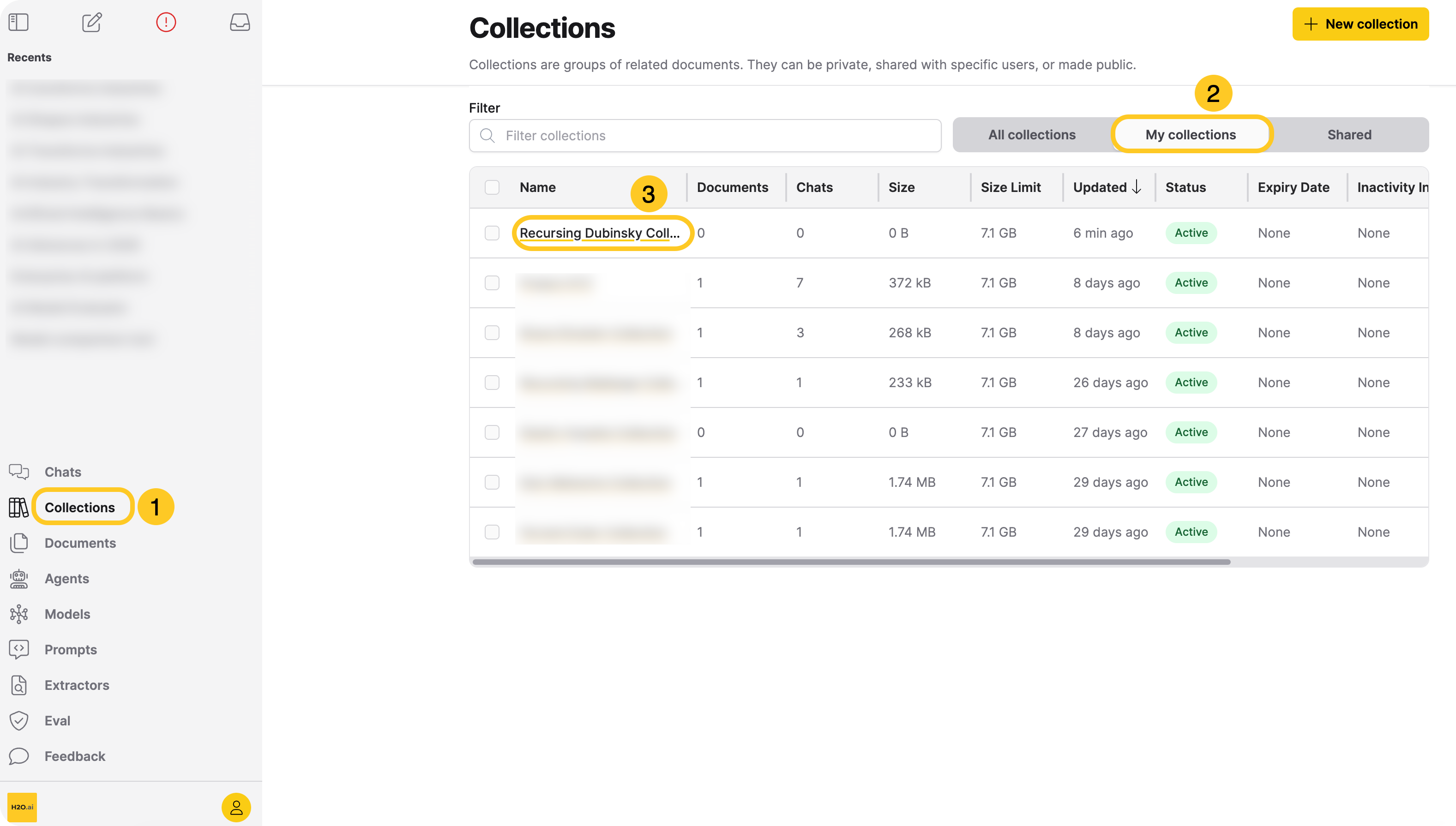 My collections tab with a collection row highlighted