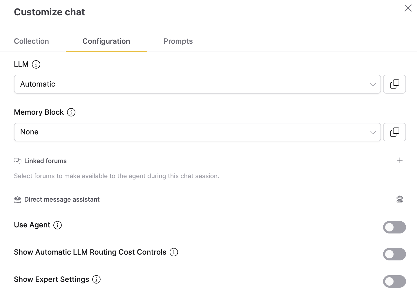 Customize chat panel showing the Configuration tab with the Memory Block dropdown