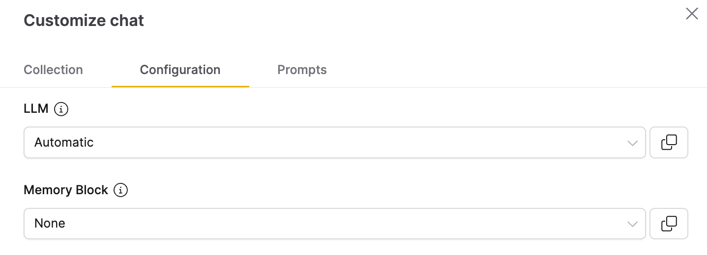 Customize chat panel showing the Configuration tab with the Memory Block dropdown