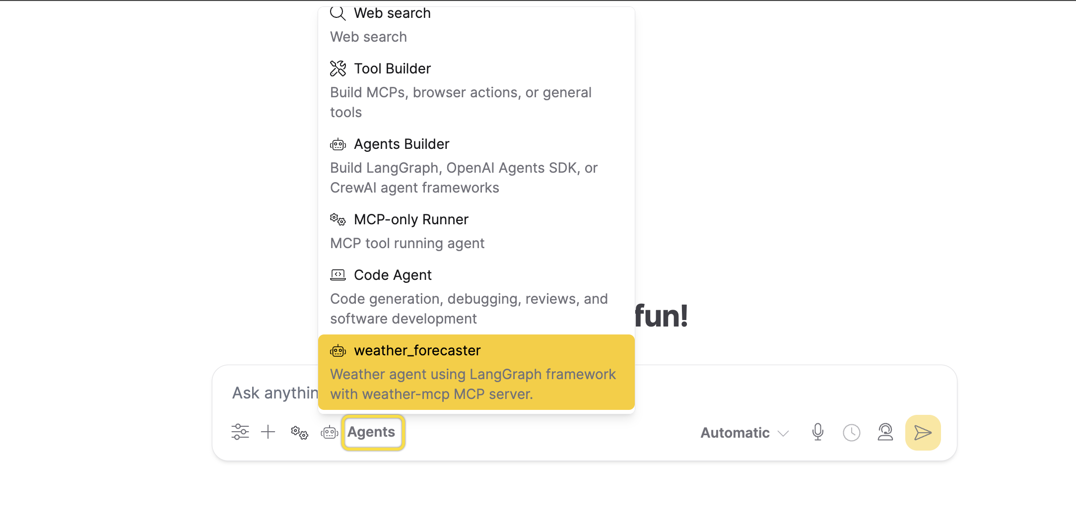 Chat test using the custom agent